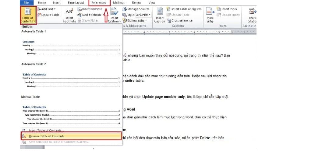 Cách xóa mục lục không cần thiết