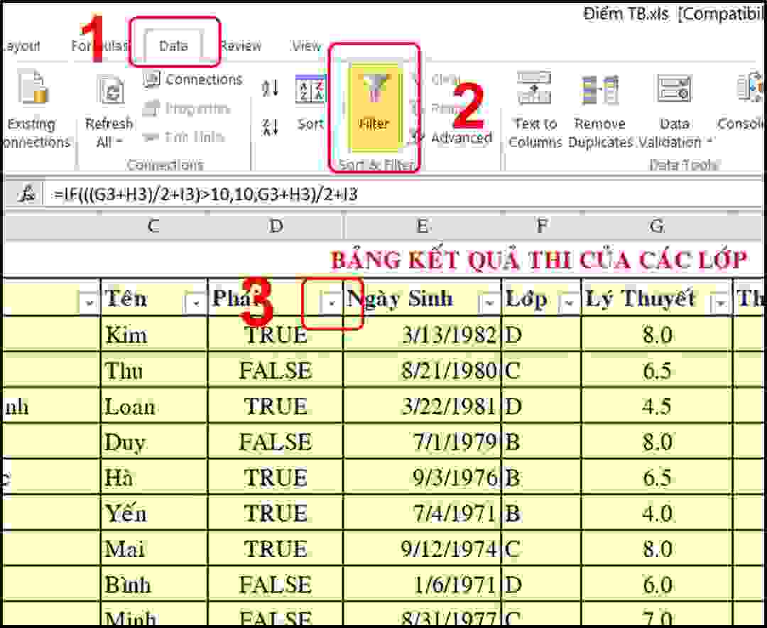 Chèn bộ lọc vào bảng tính