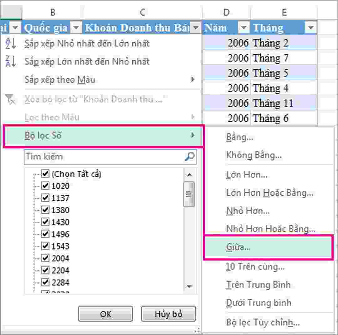 Lọc dữ liệu số (number filter)