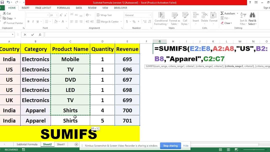 Hàm Sumifs trong Excel khác với hàm Sumifs