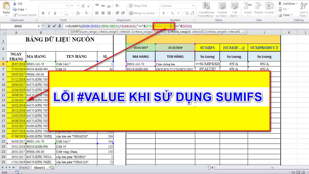 Lỗi #Value với hàm Sumifs