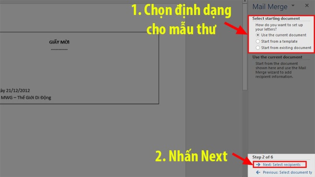 Thực hiện đầy đủ các bước để chọn định dạng mẫu thư