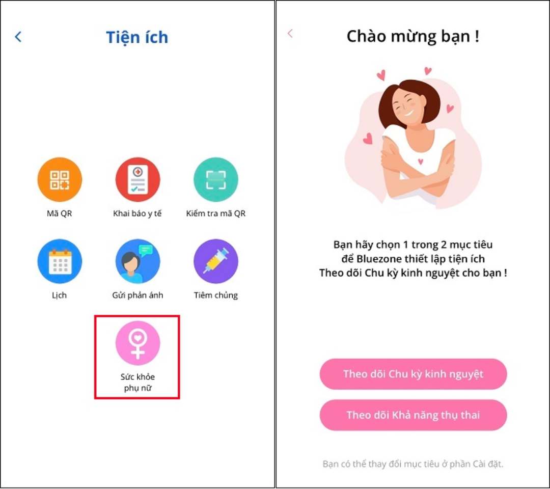 Theo dõi sức khỏe của phụ nữ tại app Bluezone cực tiện ích